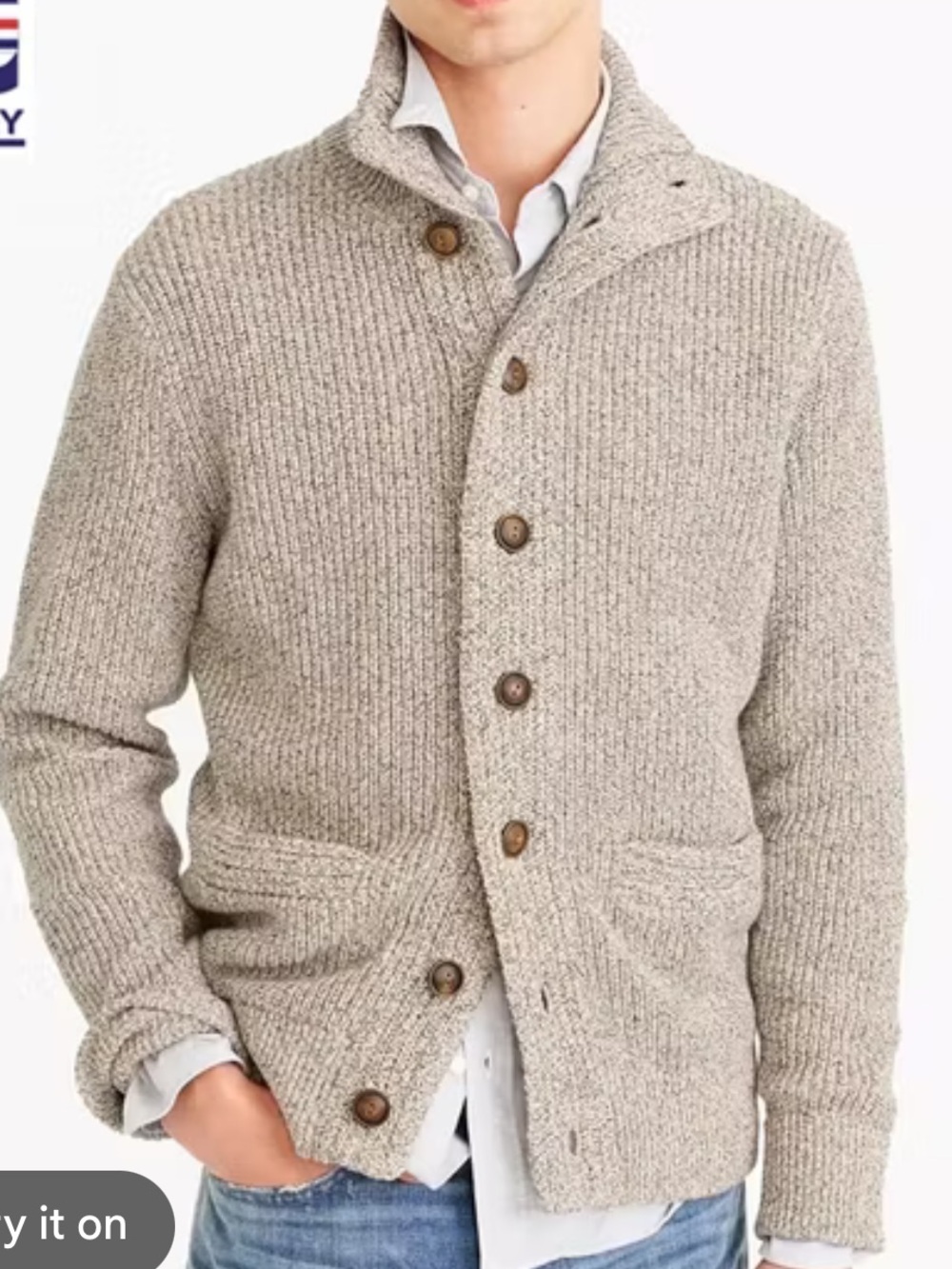 J. Crew Men's Marled cotton mockneck cardigan sweater Heather Taupe Small